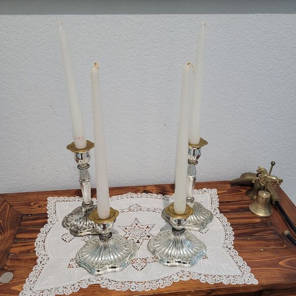 Vintage Candle Stick Set Of 4 Holders Silver Plated Made in England 2-tone - Picture 6 of 16